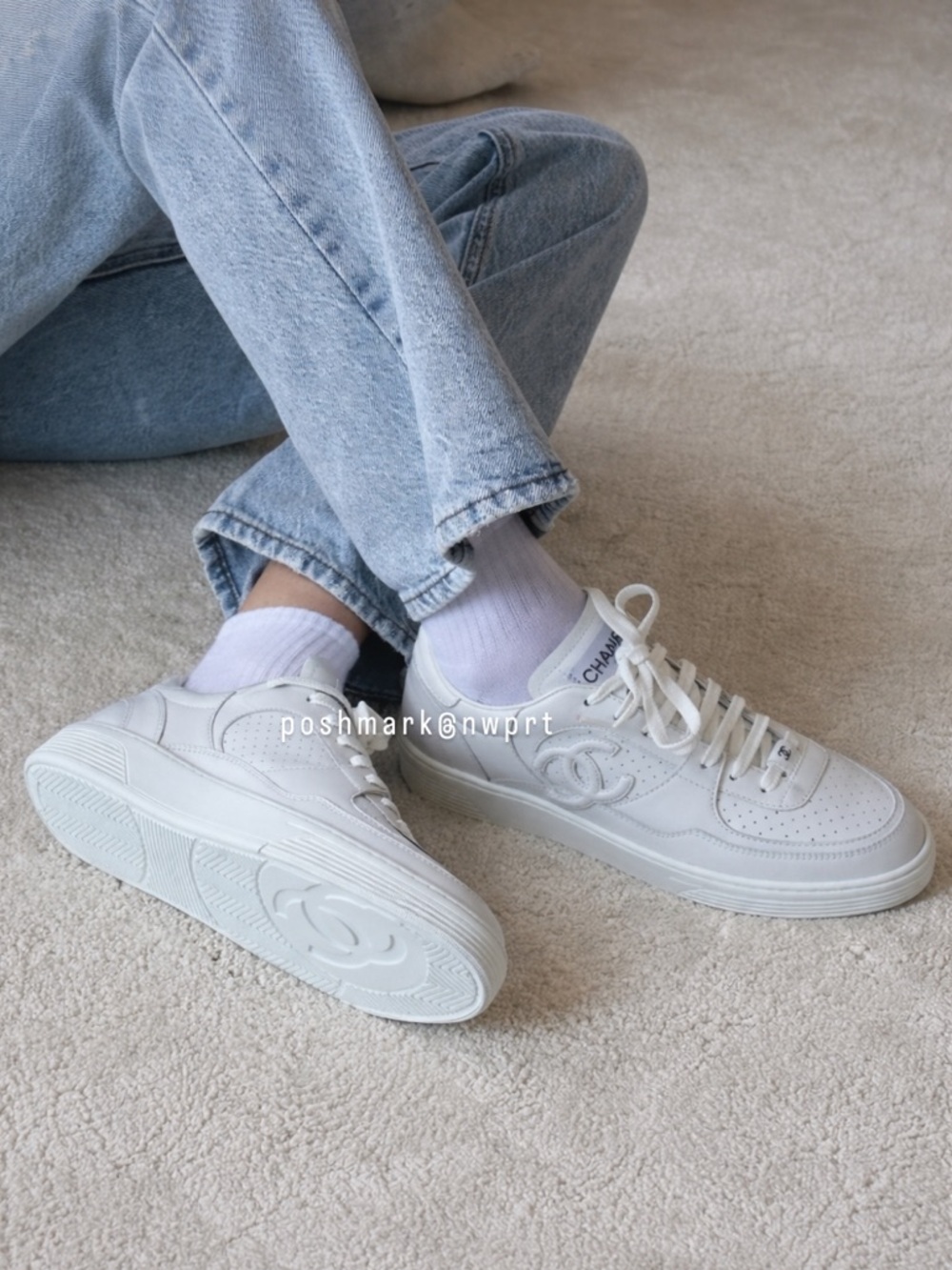 CHANEL 💯 White CC Logo Platform Leather Sneakers Runners 37.5 37 7 Box 23A